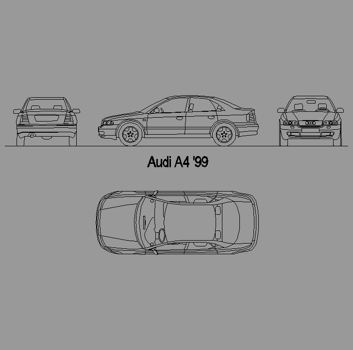 Bloque Autocad Vista de Audi A4 en Alzado, Perfil y Planta